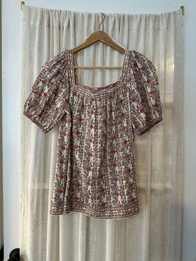 Max Studio Cream Tunic with Pink Rose Print and Green Accents